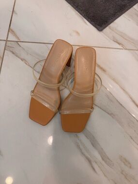 Minimalist Tan Block Heel Sandals with Clear Straps